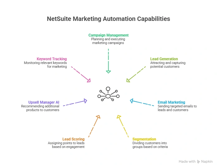 NetSuite marketing automation native capability map showing campaign management lead generation email marketing segmentation lead scoring upsell manager and keyword tracking
