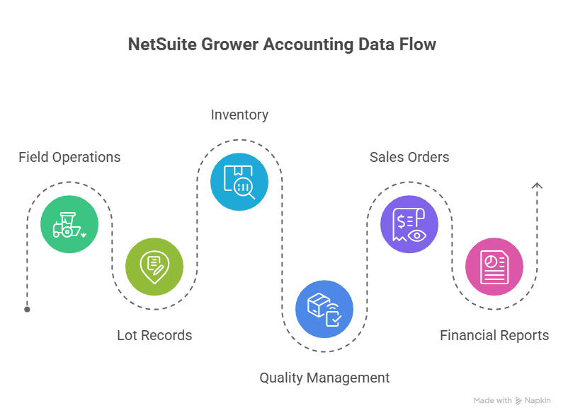NetSuite grower accounting data flow showing field operations connecting to lot records inventory quality sales and financial reports