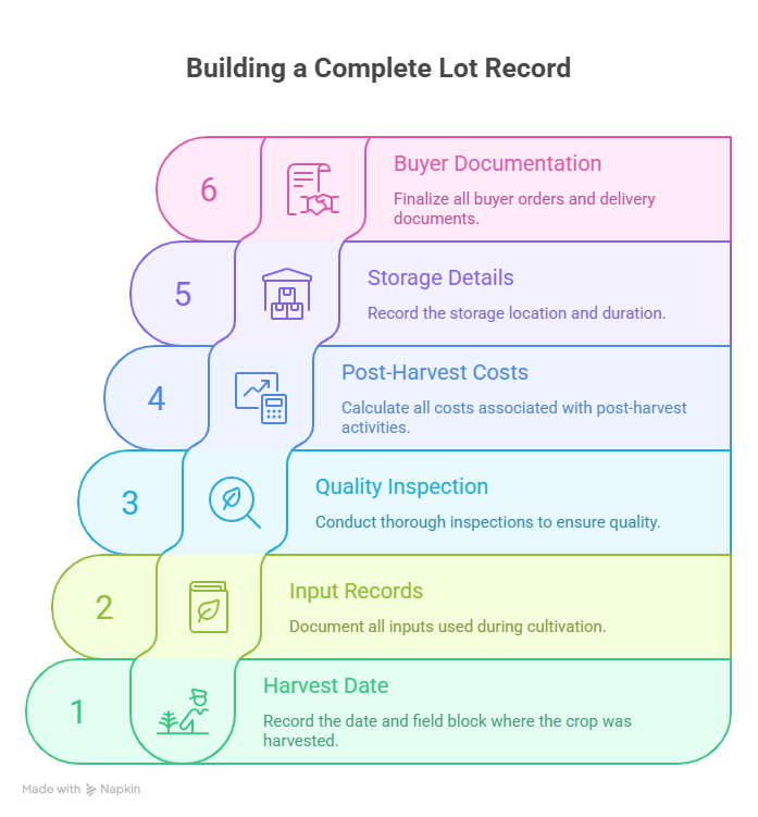 Complete grower lot traceability record components showing harvest data input records quality inspection costs and delivery documentation