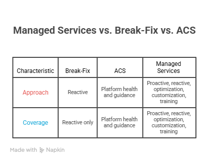 NetSuite managed services vs ACS vs break-fix support model comparison showing coverage scope for each option
