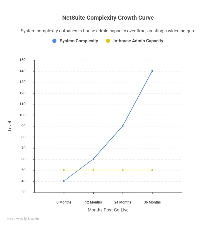 NetSuite system complexity growth curve showing widening gap between growing system demands and flat in-house admin capacity over 36 months