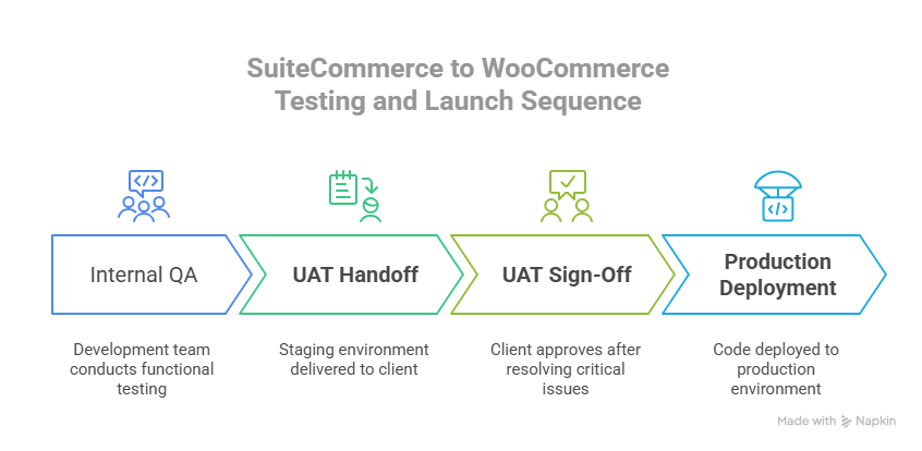SuiteCommerce to WooCommerce migration testing and launch sequence showing internal QA, UAT handoff, UAT sign-off, and production deployment stages with sign-off gates between each