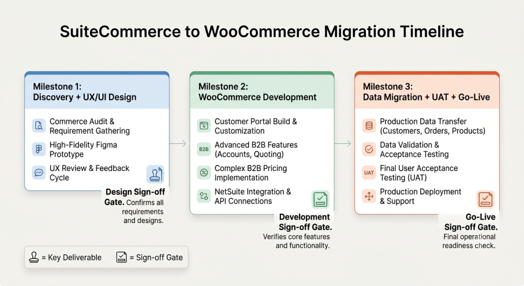 SuiteCommerce to WooCommerce migration three-phase timeline showing discovery UX design milestone, WooCommerce development milestone, and data migration UAT go-live milestone with sign-off gates