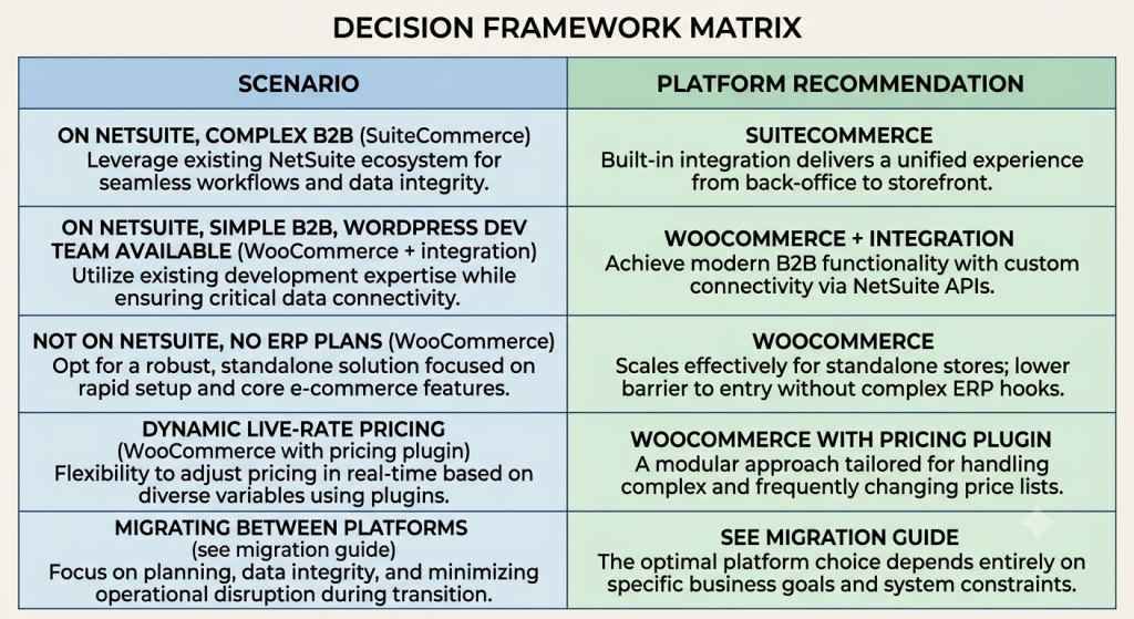 SuiteCommerce versus WooCommerce decision framework matrix showing five business scenarios and platform recommendation for each based on ERP situation B2B complexity and developer availability