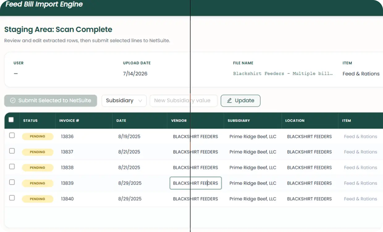 Feed bill import engine
