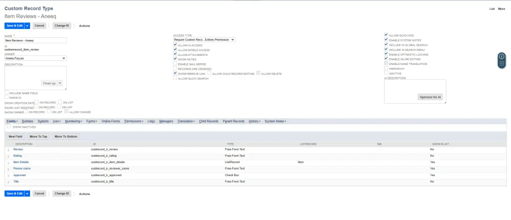 Item Reviews custom record type