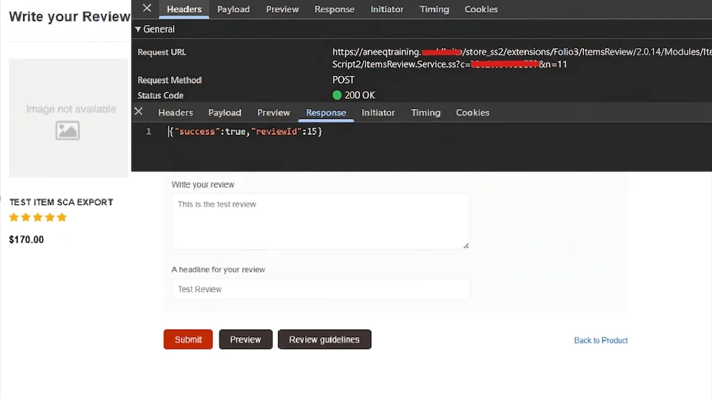 Successful five-star review service response with the created review ID