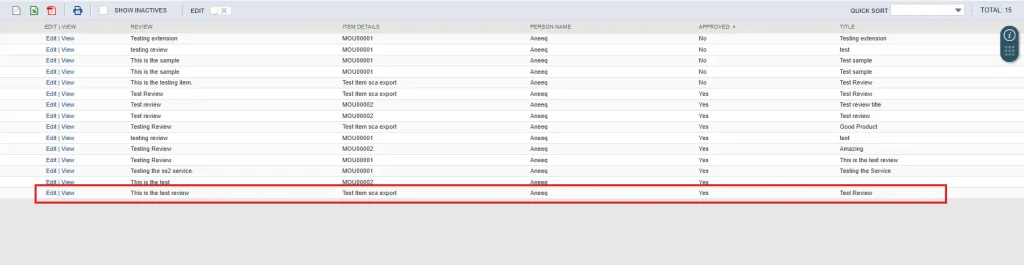 NetSuite Item Reviews list
