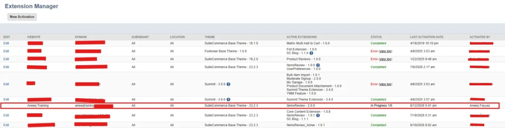 Extension Manager activation compiling for the selected website and domain