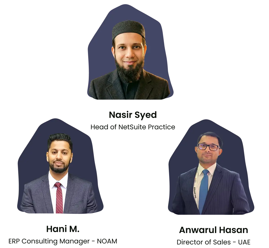 Folio3 team at SuiteWorld 2026: Nasir Syed, Head of NetSuite Practice; Hani M., ERP Consulting Manager – NOAM; Anwarul Hasan, Director of Sales – UAE