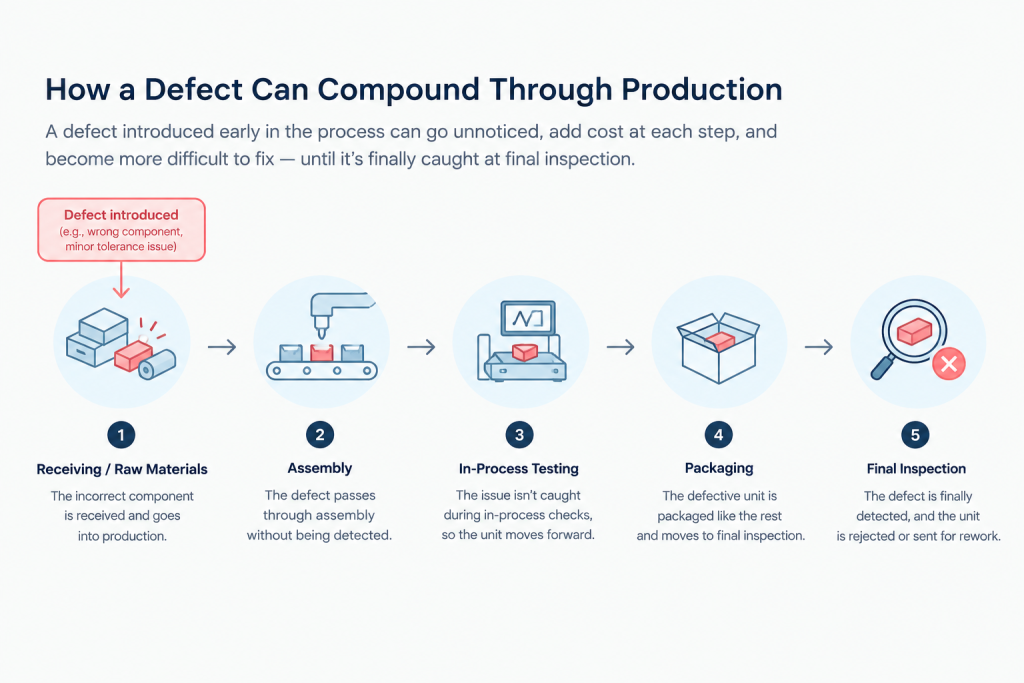 a diagram showing defect compouding through the production