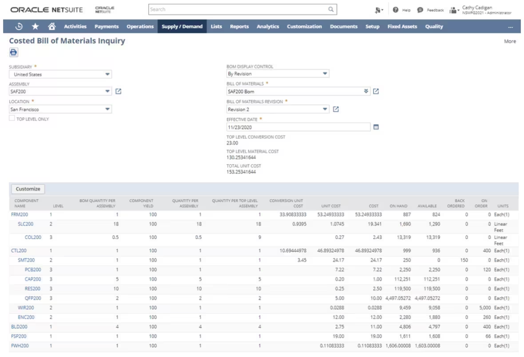 display of BOM explosion in NetSuite
