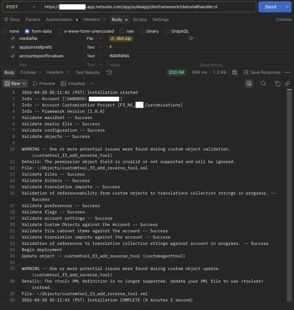 Postman SDF deployment request and NetSuite validation log.