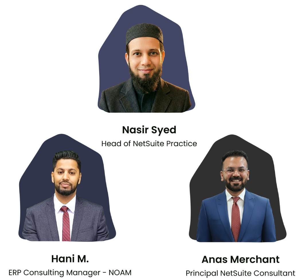 Folio3 team at SuiteWorld 2026: Nasir Syed, Head of NetSuite Practice; Hani M., ERP Consulting Manager – NOAM; Anwarul Hasan, Director of Sales – UAE