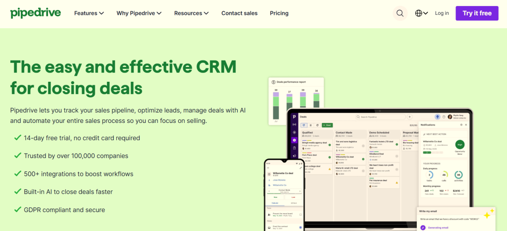 Pipedrive is a sales-focused CRM built around lead, contact, activity, and deal management. Its core experience centers on visual sales pipelines, helping sales teams organize opportunities, track activities, automate repetitive tasks, and monitor sales performance.